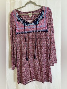 Lucky Brand Boho Floral Tunic Dress S | Pink Blue Embroidered Peasant Mini Shift
